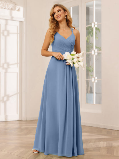 Vestidos Longos de Dama de Honra com Decote Em V Evasê/Princesa com Babados