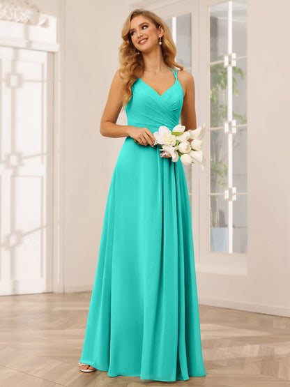 Vestidos Longos de Dama de Honra com Decote Em V Evasê/Princesa com Babados