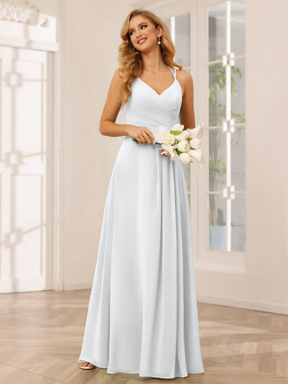Vestidos Longos de Dama de Honra com Decote Em V Evasê/Princesa com Babados