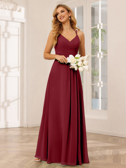 Vestidos Longos de Dama de Honra com Decote Em V Evasê/Princesa com Babados