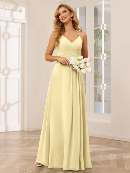 Vestidos Longos de Dama de Honra com Decote Em V Evasê/Princesa com Babados