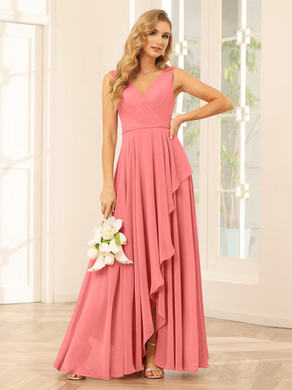 Vestidos de Dama de Honra Assimétricos Linha A/Princesa com Decote Em V e Babados