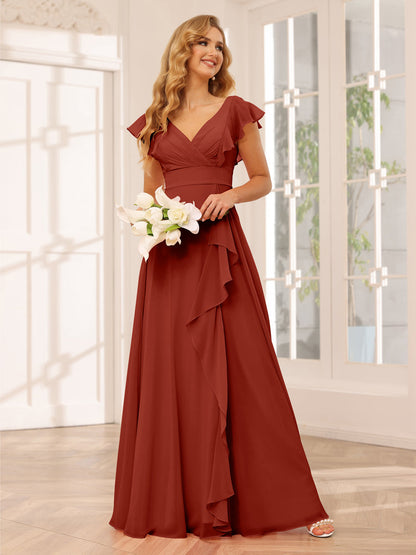 Vestidos Longos de Dama de Honra Evasê/Princesa com Decote Em V e Babados