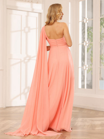 A-Line/Princesa Vestidos Longos de Dama de Honra com Um Ombro e Franzidos