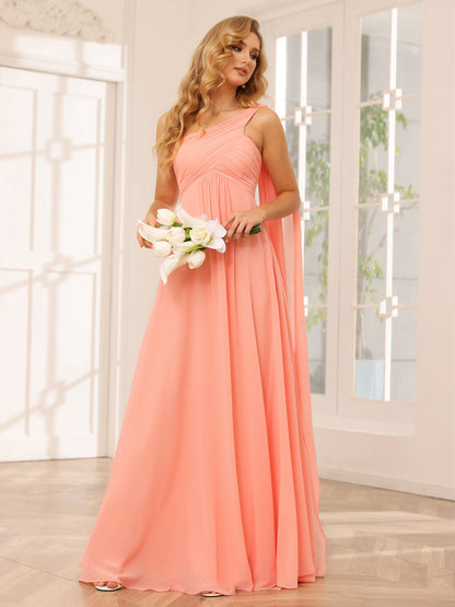 A-Line/Princesa Vestidos Longos de Dama de Honra com Um Ombro e Franzidos