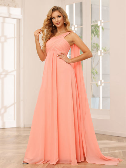A-Line/Princesa Vestidos Longos de Dama de Honra com Um Ombro e Franzidos