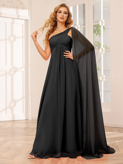 A-Line/Princesa Vestidos Longos de Dama de Honra com Um Ombro e Franzidos