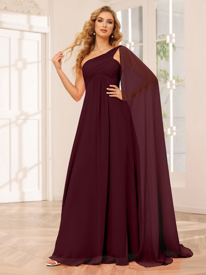 A-Line/Princesa Vestidos Longos de Dama de Honra com Um Ombro e Franzidos