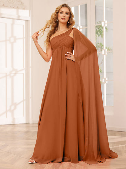 A-Line/Princesa Vestidos Longos de Dama de Honra com Um Ombro e Franzidos