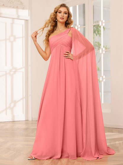 A-Line/Princesa Vestidos Longos de Dama de Honra com Um Ombro e Franzidos