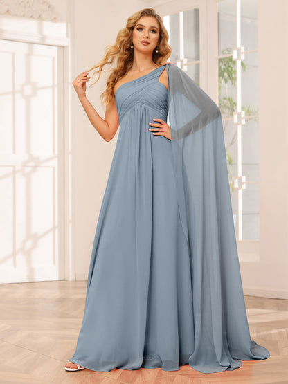 A-Line/Princesa Vestidos Longos de Dama de Honra com Um Ombro e Franzidos