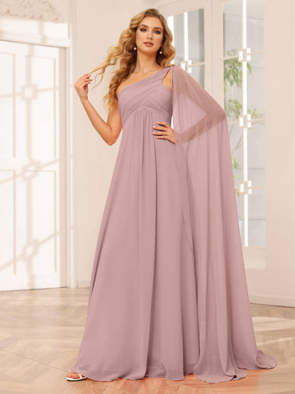 A-Line/Princesa Vestidos Longos de Dama de Honra com Um Ombro e Franzidos