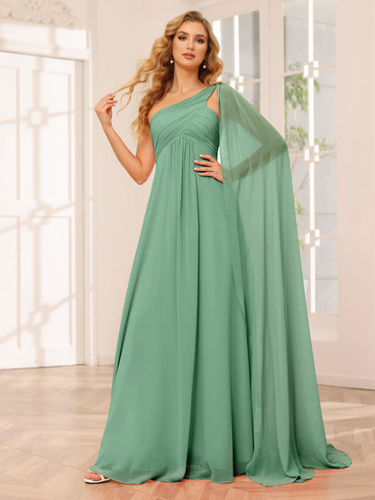 A-Line/Princesa Vestidos Longos de Dama de Honra com Um Ombro e Franzidos