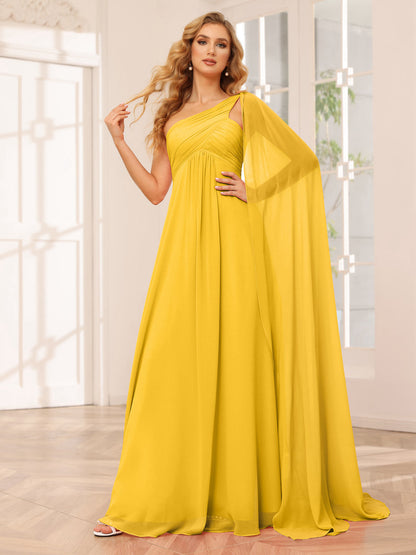A-Line/Princesa Vestidos Longos de Dama de Honra com Um Ombro e Franzidos