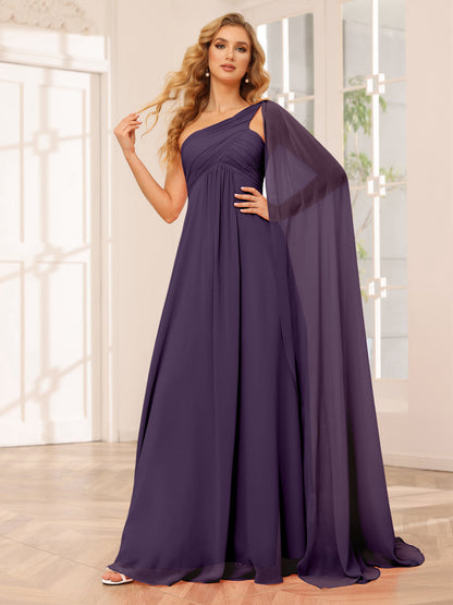 A-Line/Princesa Vestidos Longos de Dama de Honra com Um Ombro e Franzidos