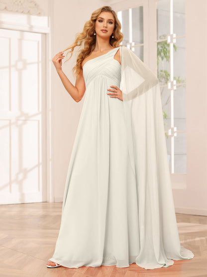 A-Line/Princesa Vestidos Longos de Dama de Honra com Um Ombro e Franzidos