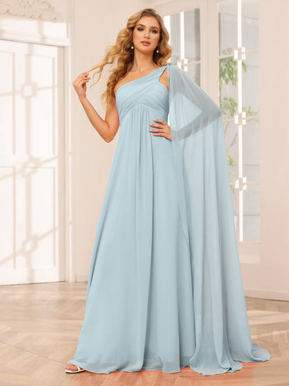 A-Line/Princesa Vestidos Longos de Dama de Honra com Um Ombro e Franzidos