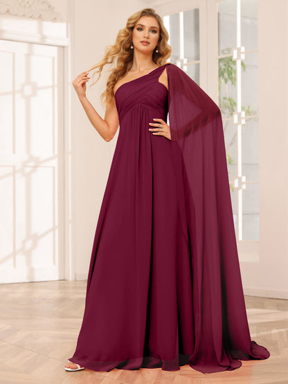 A-Line/Princesa Vestidos Longos de Dama de Honra com Um Ombro e Franzidos