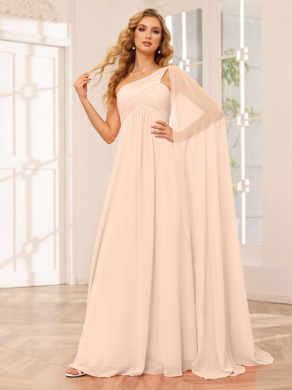 A-Line/Princesa Vestidos Longos de Dama de Honra com Um Ombro e Franzidos