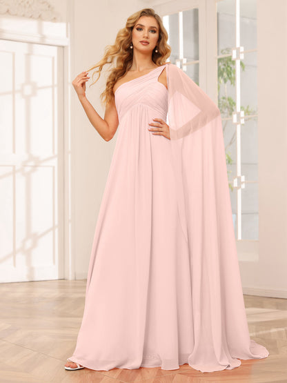 A-Line/Princesa Vestidos Longos de Dama de Honra com Um Ombro e Franzidos