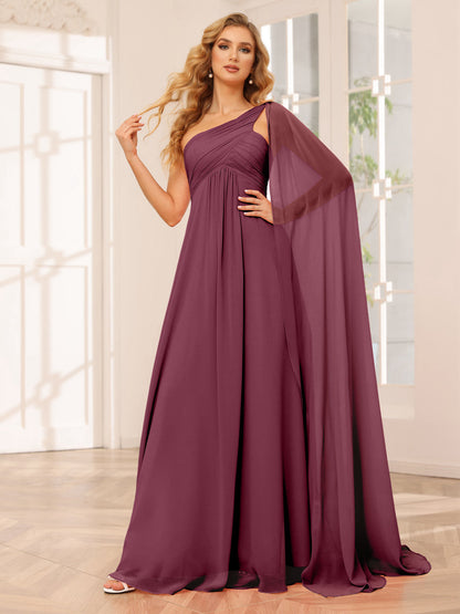 A-Line/Princesa Vestidos Longos de Dama de Honra com Um Ombro e Franzidos