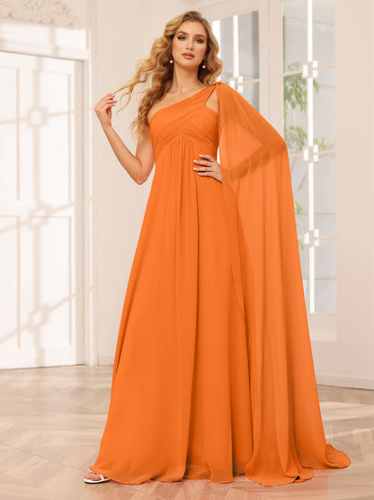 A-Line/Princesa Vestidos Longos de Dama de Honra com Um Ombro e Franzidos