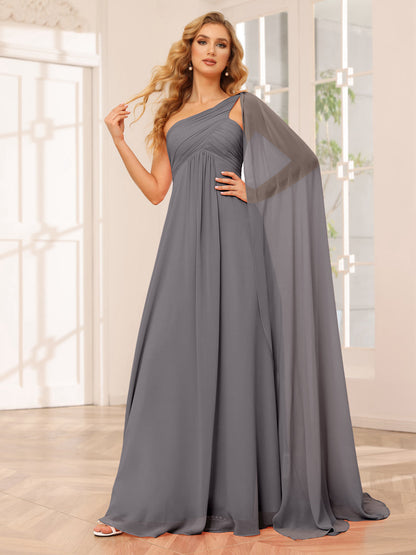 A-Line/Princesa Vestidos Longos de Dama de Honra com Um Ombro e Franzidos