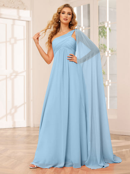 A-Line/Princesa Vestidos Longos de Dama de Honra com Um Ombro e Franzidos
