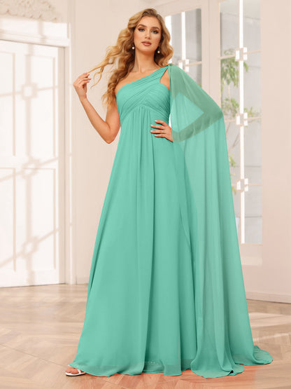 A-Line/Princesa Vestidos Longos de Dama de Honra com Um Ombro e Franzidos