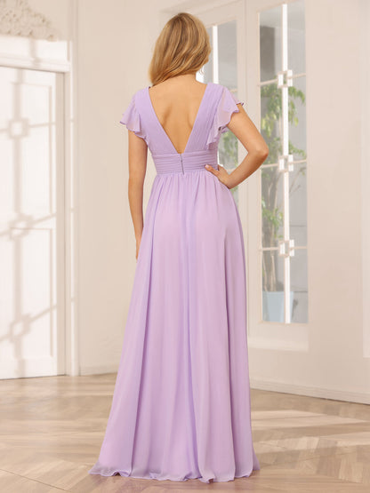 Vestidos Longos de Dama de Honra Evasê/Princesa com Decote Em V e Lado Dividido