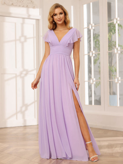 Vestidos Longos de Dama de Honra Evasê/Princesa com Decote Em V e Lado Dividido