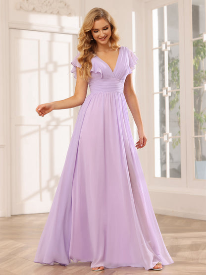 Vestidos Longos de Dama de Honra Evasê/Princesa com Decote Em V e Lado Dividido
