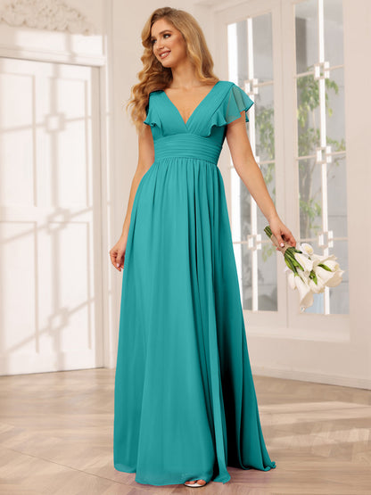 Vestidos Longos de Dama de Honra Evasê/Princesa com Decote Em V e Lado Dividido