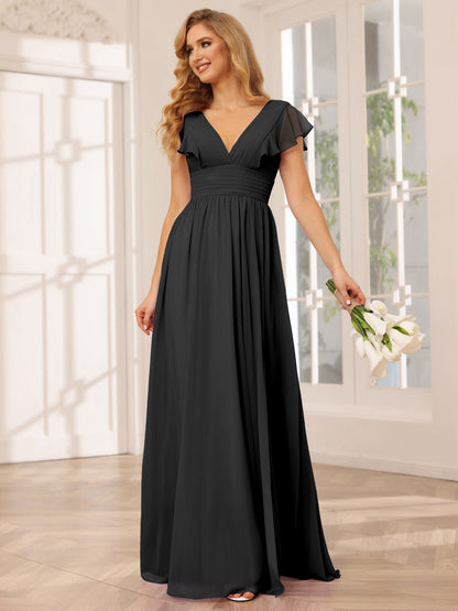 Vestidos Longos de Dama de Honra Evasê/Princesa com Decote Em V e Lado Dividido