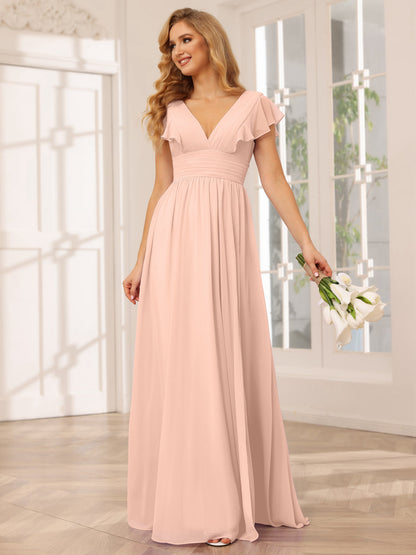 Vestidos Longos de Dama de Honra Evasê/Princesa com Decote Em V e Lado Dividido