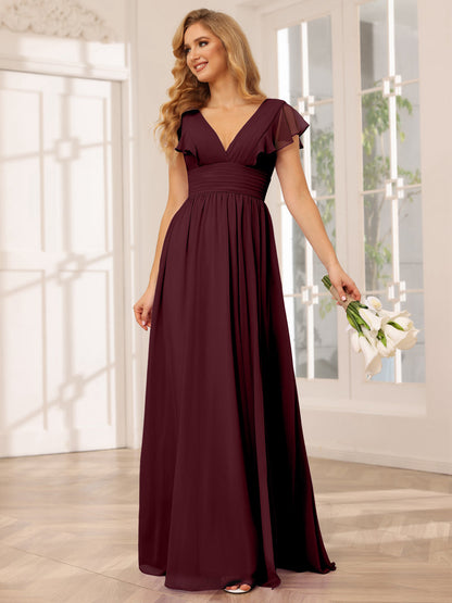 Vestidos Longos de Dama de Honra Evasê/Princesa com Decote Em V e Lado Dividido
