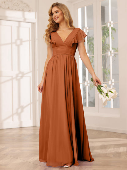 Vestidos Longos de Dama de Honra Evasê/Princesa com Decote Em V e Lado Dividido