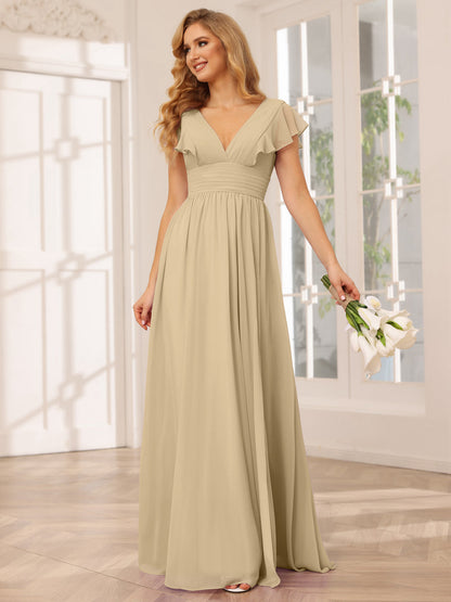 Vestidos Longos de Dama de Honra Evasê/Princesa com Decote Em V e Lado Dividido