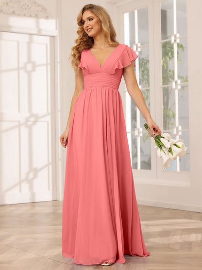 Vestidos Longos de Dama de Honra Evasê/Princesa com Decote Em V e Lado Dividido