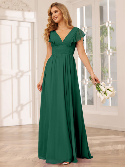 Vestidos Longos de Dama de Honra Evasê/Princesa com Decote Em V e Lado Dividido