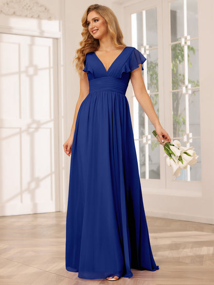 Vestidos Longos de Dama de Honra Evasê/Princesa com Decote Em V e Lado Dividido