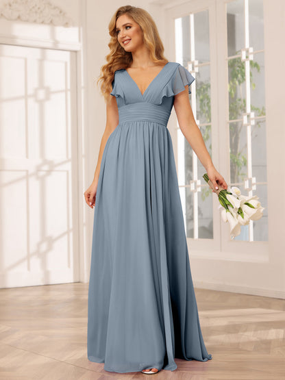 Vestidos Longos de Dama de Honra Evasê/Princesa com Decote Em V e Lado Dividido