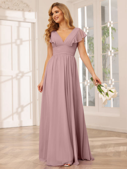 Vestidos Longos de Dama de Honra Evasê/Princesa com Decote Em V e Lado Dividido