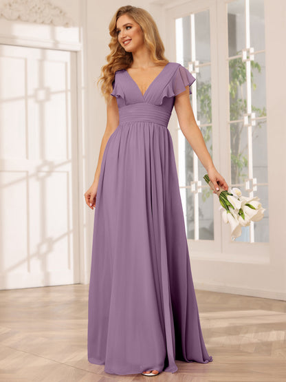 Vestidos Longos de Dama de Honra Evasê/Princesa com Decote Em V e Lado Dividido
