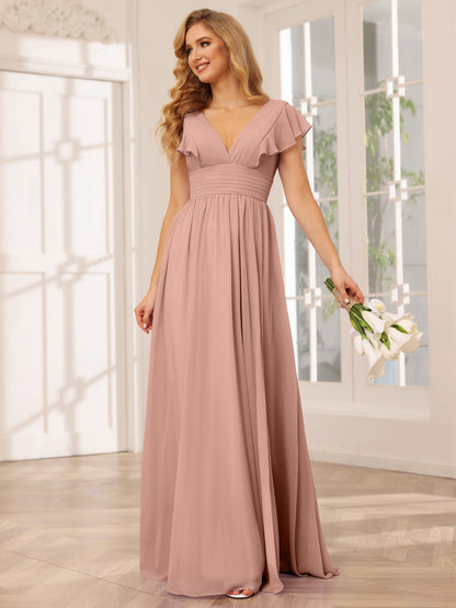Vestidos Longos de Dama de Honra Evasê/Princesa com Decote Em V e Lado Dividido