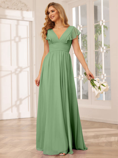 Vestidos Longos de Dama de Honra Evasê/Princesa com Decote Em V e Lado Dividido