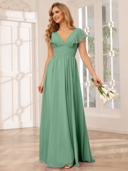 Vestidos Longos de Dama de Honra Evasê/Princesa com Decote Em V e Lado Dividido