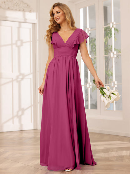 Vestidos Longos de Dama de Honra Evasê/Princesa com Decote Em V e Lado Dividido