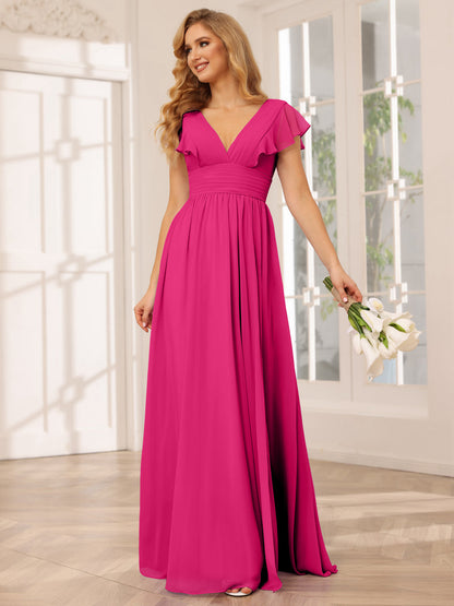 Vestidos Longos de Dama de Honra Evasê/Princesa com Decote Em V e Lado Dividido