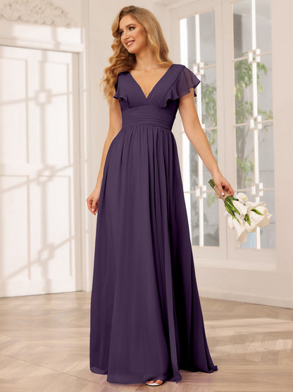 Vestidos Longos de Dama de Honra Evasê/Princesa com Decote Em V e Lado Dividido